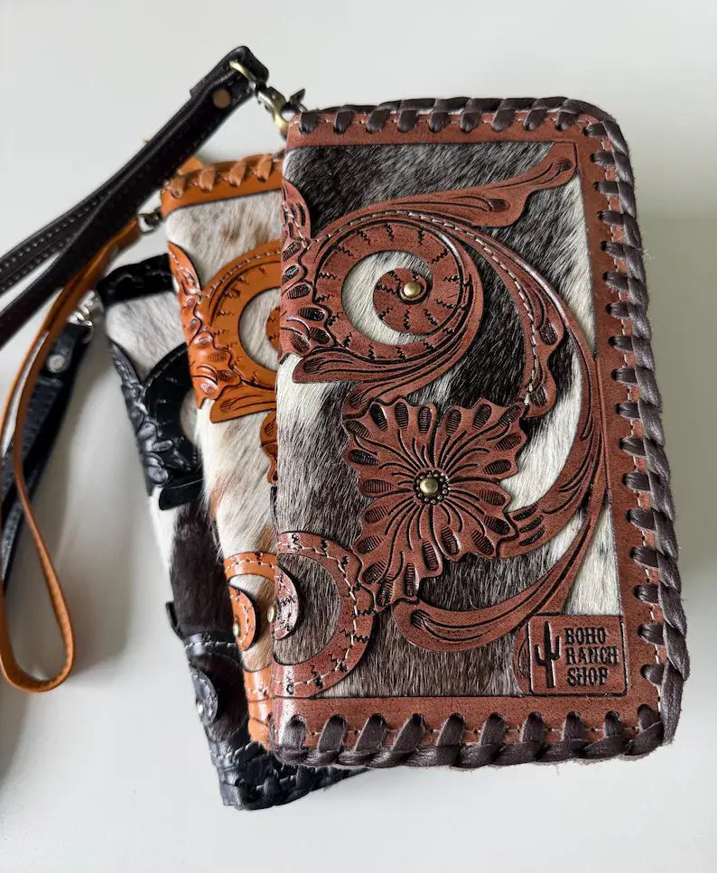 Brasswood Tooled Cowhide Wristlet Wallet