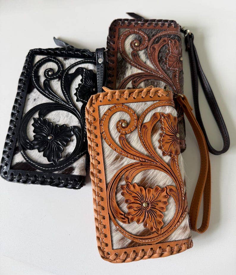 Brasswood Tooled Cowhide Wristlet Wallet