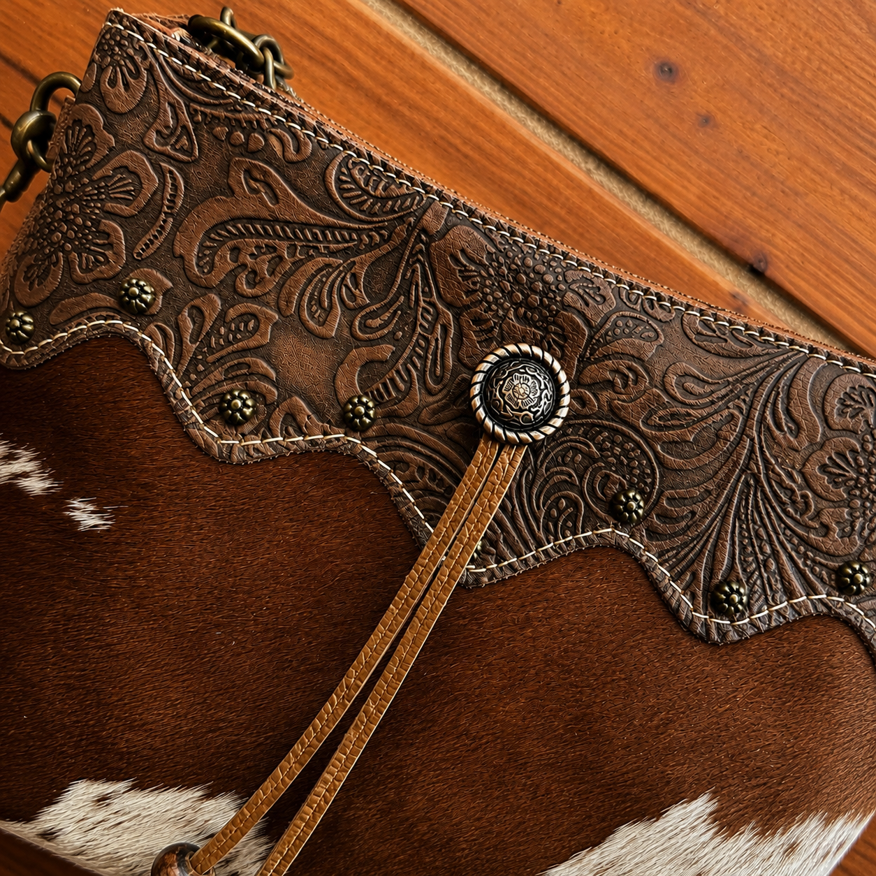 Myra Ornate Hair-On-Hide & Tooled Leather Handbag