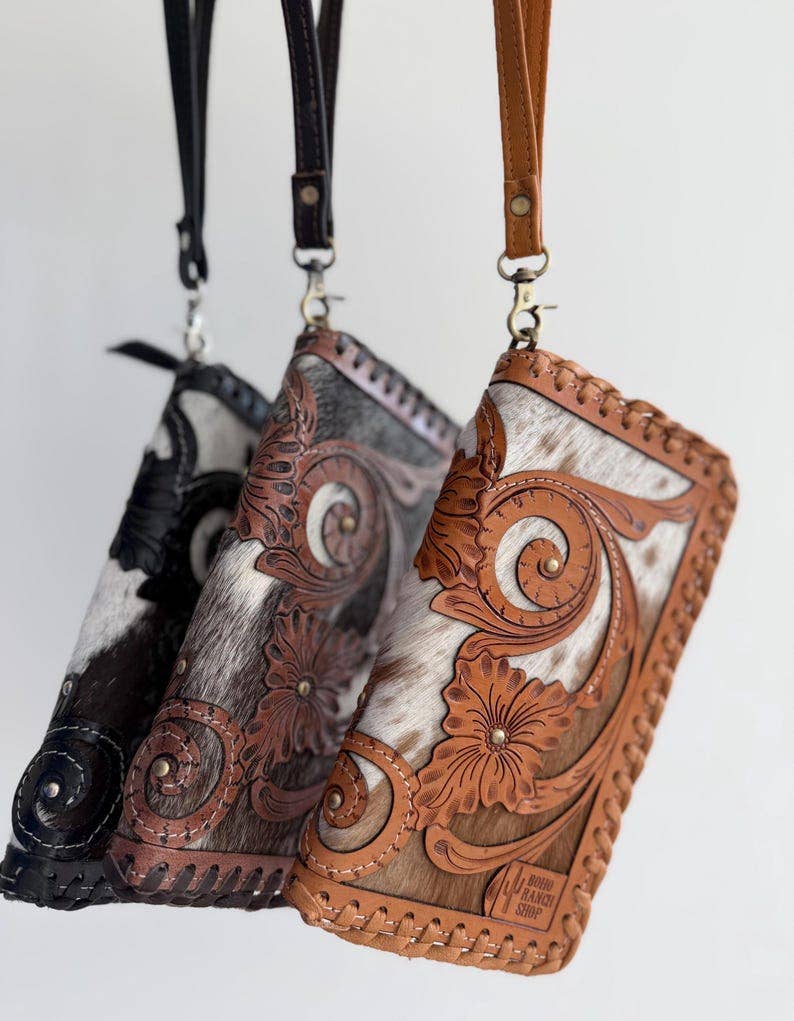 Brasswood Tooled Cowhide Wristlet Wallet