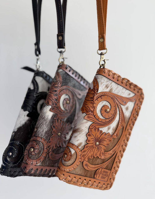 Brasswood Tooled Cowhide Wristlet Wallet