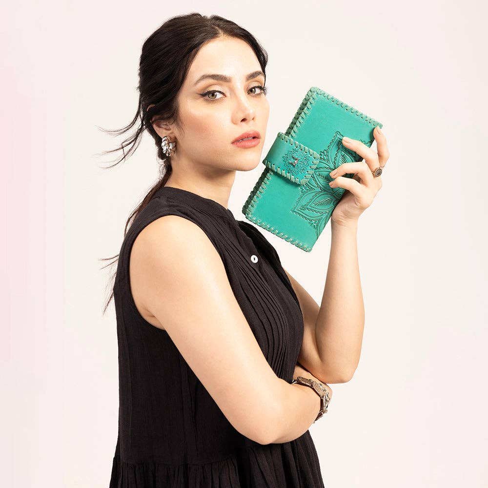 Desert Lotus Hand-Tooled Turquoise Wallet