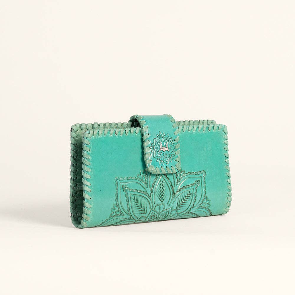 Desert Lotus Hand-Tooled Turquoise Wallet