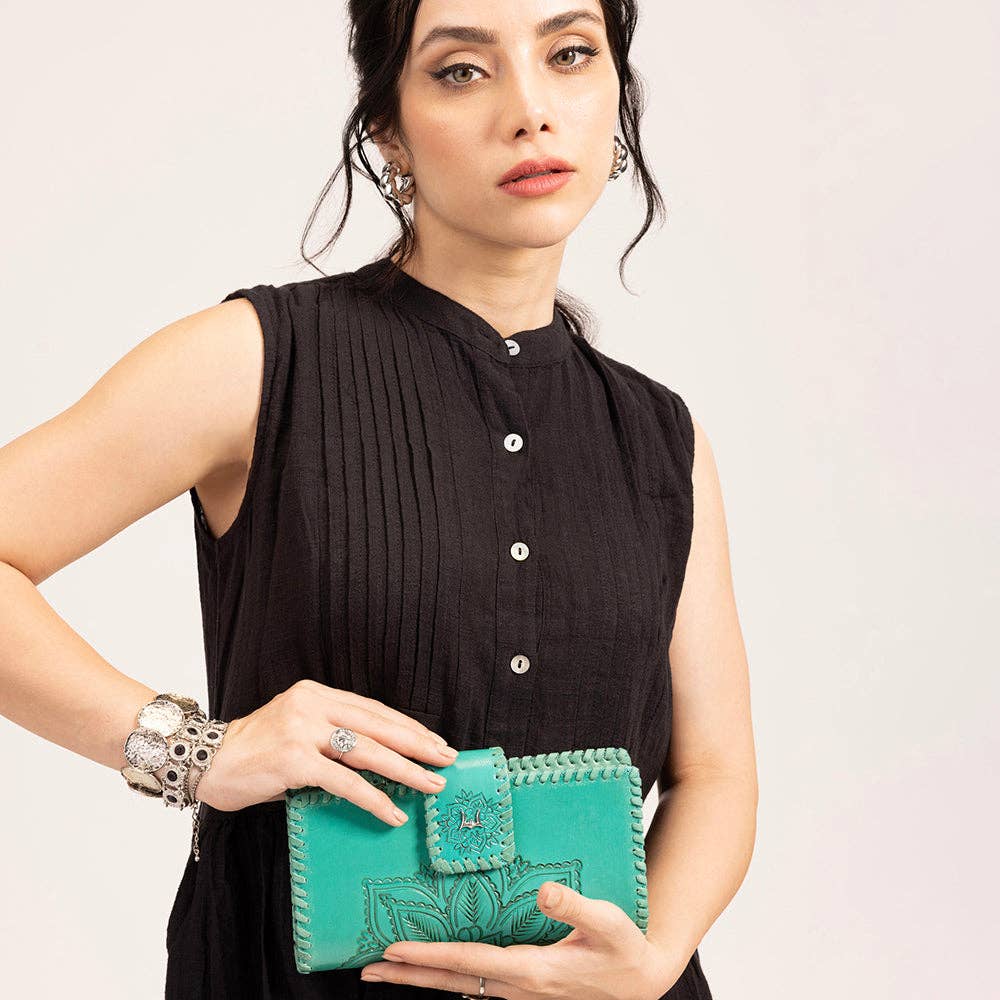 Desert Lotus Hand-Tooled Turquoise Wallet