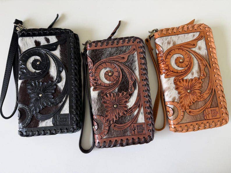 Brasswood Tooled Cowhide Wristlet Wallet