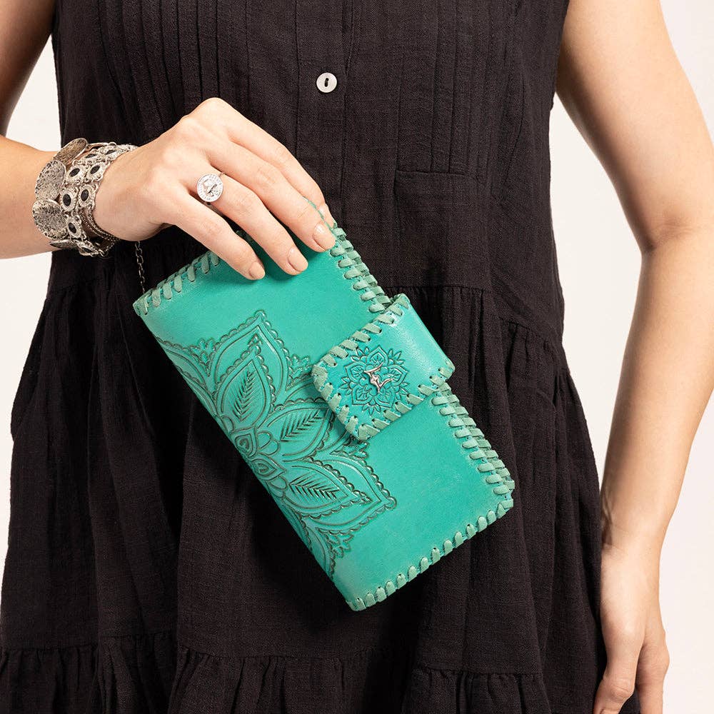 Desert Lotus Hand-Tooled Turquoise Wallet